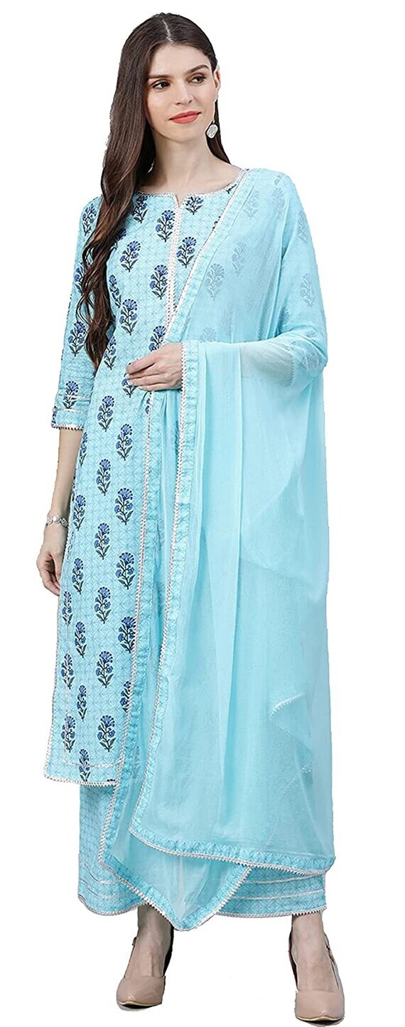 Buy Kurti With Palazzo And Dupatta | Women Rayon A-line Embroidered Long  Kurti With Palazzo And Dupatta