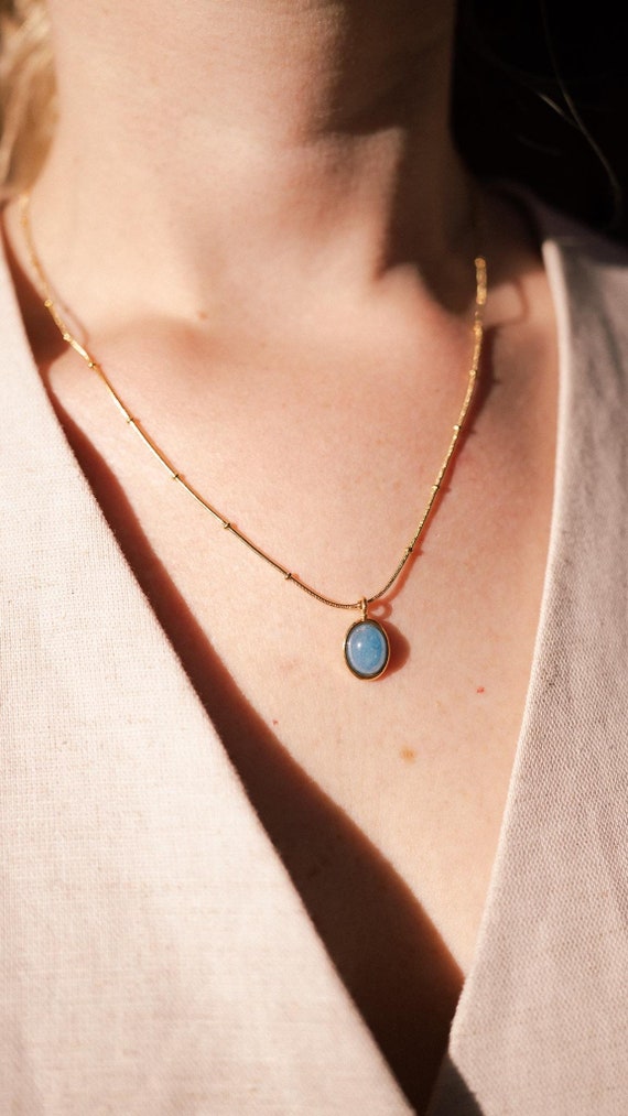 Non Tarnish Gold Necklace Waterproof Necklace Summer Jewelry Surfer Necklace  Blue Pendant - Etsy