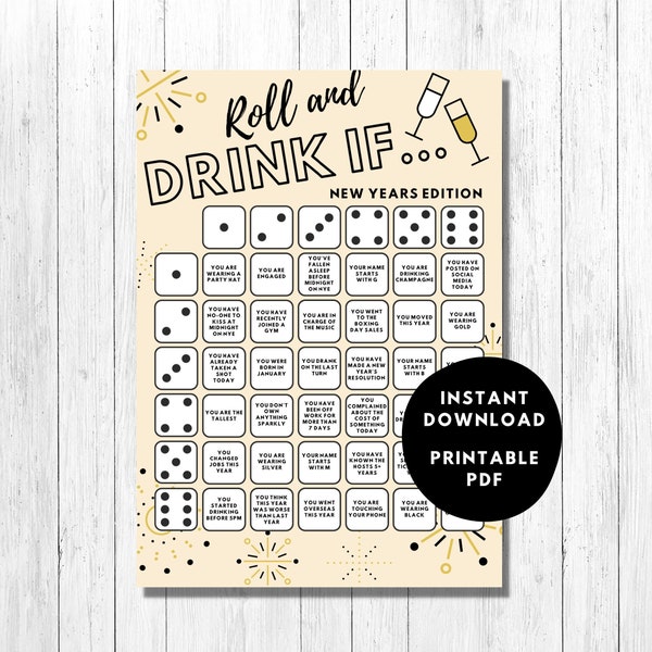 New Year's Eve Drinking Game Card / NYE Holiday Party Drink If... Dice / Adults - Friends, Family / Instant Digital Download Printable PDF