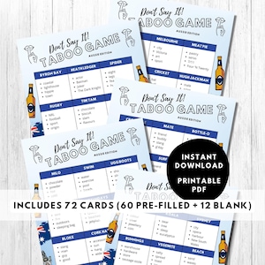May include: A set of 72 cards for the Australian version of the Taboo game. The cards are blue and white with an Australian flag design. The cards feature Australian words and phrases like "Milo", "Tim Tam", "Vegemite", and "Ugg Boots".