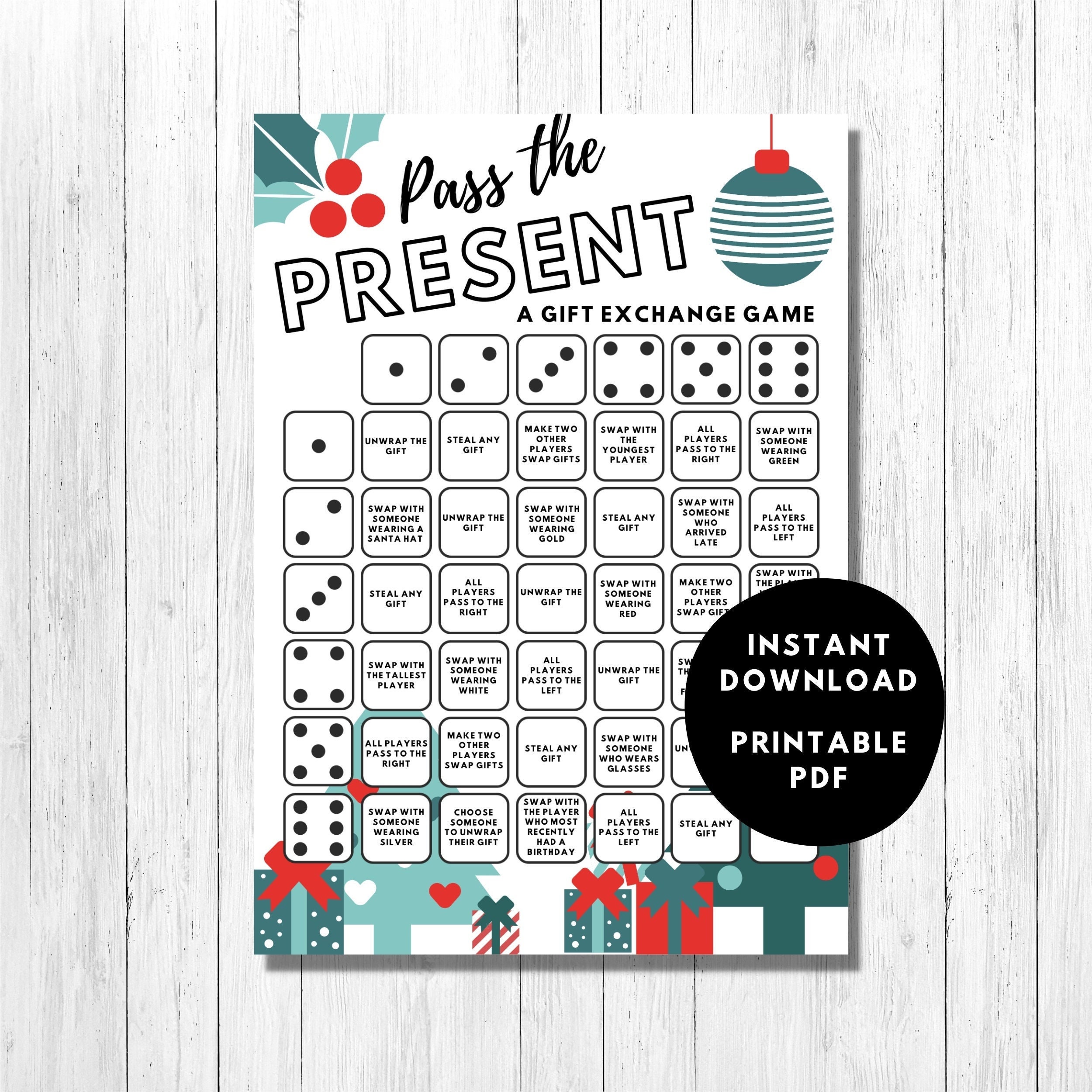 Christmas Gift Exchange Printable Dice Game Card / Secret Santa / Kris
