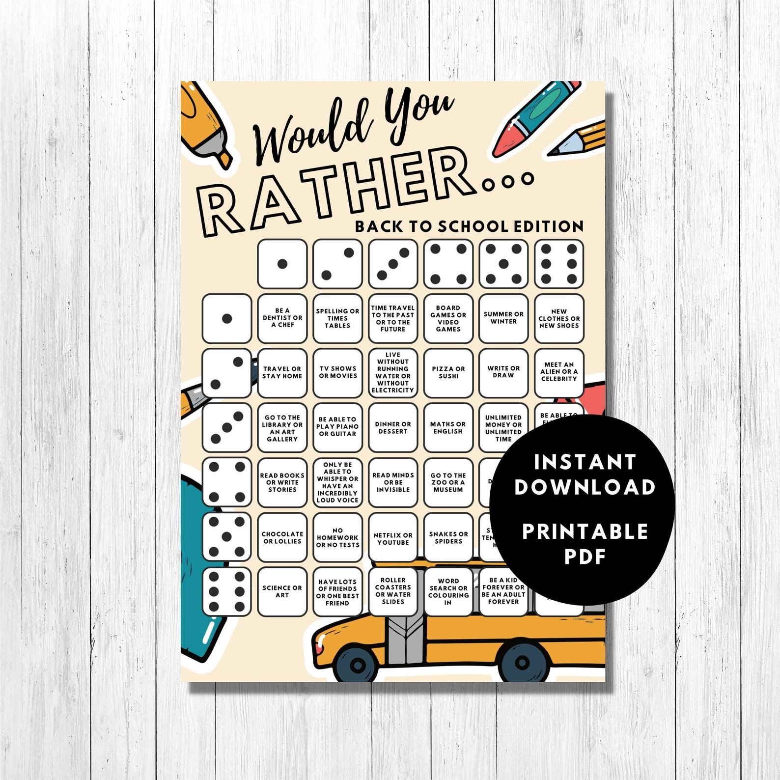 Back to School Would You Rather Dice Game for Kids / This or That Class ...