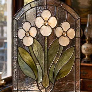 May include: A stained glass panel featuring three white flowers with yellow centers and green leaves. The design is enclosed in a dark metal frame with an arched top. The background glass has a textured, clear appearance, and the entire piece is suspended by a small metal ring at the top center.