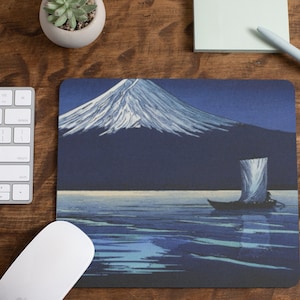 Moonlight on Mt. Fuji, Lilian May Miller. Mousepad. Japanese. Blue and white. Vintage. Art. Mouse pad. Office.