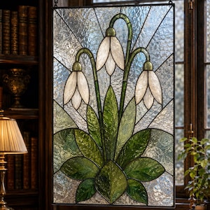 May include: A rectangular stained glass panel featuring three white snowdrop flowers with green stems and leaves. The design is set against a textured clear glass background with geometric lead lines, framed in a dark metal border with a hanging chain.
