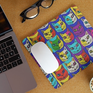 Pop art cat mousepad. Crazy cat pop art mouse pad. Colorful. Colourful. Bright. Art gift. Cat lover. Fun Cat. Office. Stationary. Home.