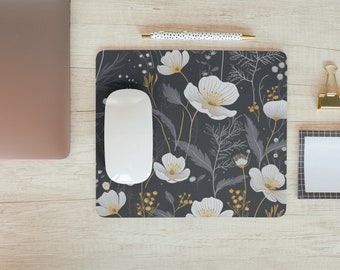 Black Mouse pad with white flowers. Mousepad. Cottage Core. Floral. Desk mat. Mousepad. Quality. Black. Flowers.