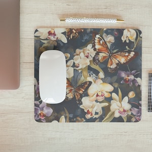 Brown butterfly and orchid painting mousepad. Butterfly and orchid mouse pad.