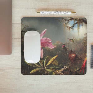 Cattleya Orchid and Three Hummingbirds (1871) by Martin Johnson Heade. Digitally enhanced. Mousepad. Vintage