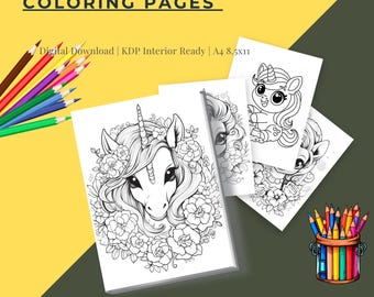 May include: A stack of white coloring pages featuring unicorn designs, with the text "CUTE ENCHANTING UNICORN COLORING PAGES." Colored pencils are arranged on the left and right sides of the image.