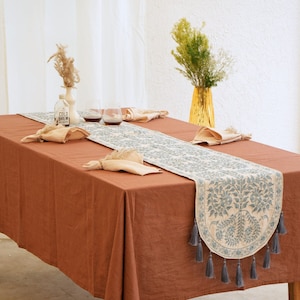 Grey Indian Table Runner Hand Embroidered Table Runner Wedding Gifts Housewarming Gifts Table Runner Linen Tablecloth Tassels Gift for her
