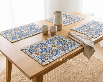 Blue Embroidered Linen Placemat Set: Rich Floral Design