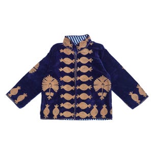 Blue Luxurious Velvet Jacket - Bohemian Short Coat, Striped Cotton Lining, Free Size, Hand made Suzani Embroidered Gilet, Custom Tailored