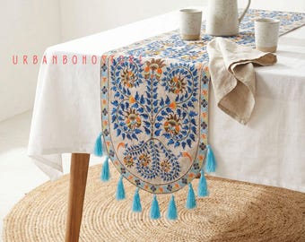 Caminho de mesa indiano azul-petróleo com franjas, tecido bordado de luxo, presente de boas-vindas exclusivo