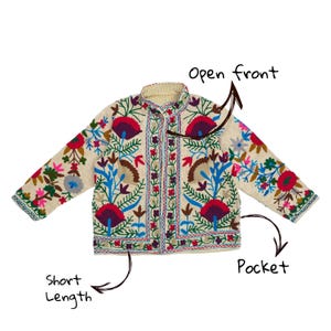Beige Autumn Short Jacket, Handmade Suzani Embroidered Jacket, Boho Over Coat, Striped Cotton Lining, Made to order, Gift for her