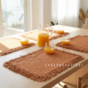 Tovagliette americane in cotone con texture ruggine e frange - Set da 4, tovagliette americane in stile boho per cene rustiche
