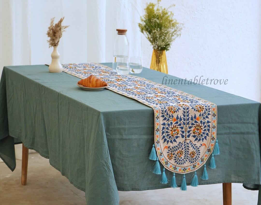 Teal Floral Indian Table Runner Hand Embroidered Table Runner Blue