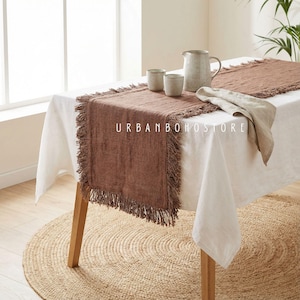 Brown Textured Table Runner, Luxury Accent Linen Table Decor, Boho Tassel Fringe