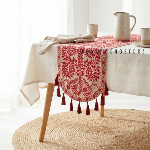 Decorative Table Runner, Red Fancy Embroidered Centerpiece, Royal Indian Design, Tassel Edge
