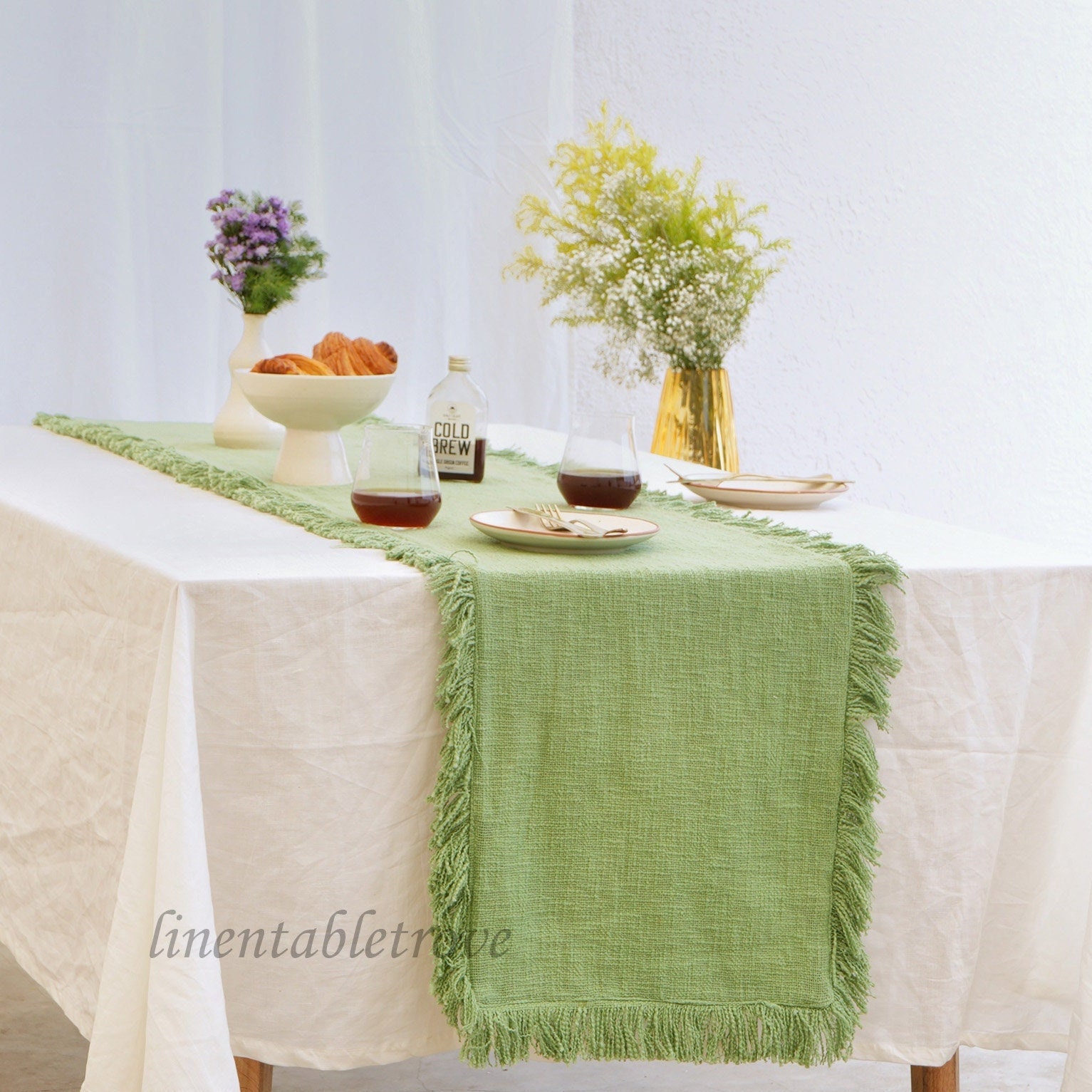 Sage Green Table Runner 72 Inches Long With Tassels - Rustic Farmhouse Boho Dining Table Decor