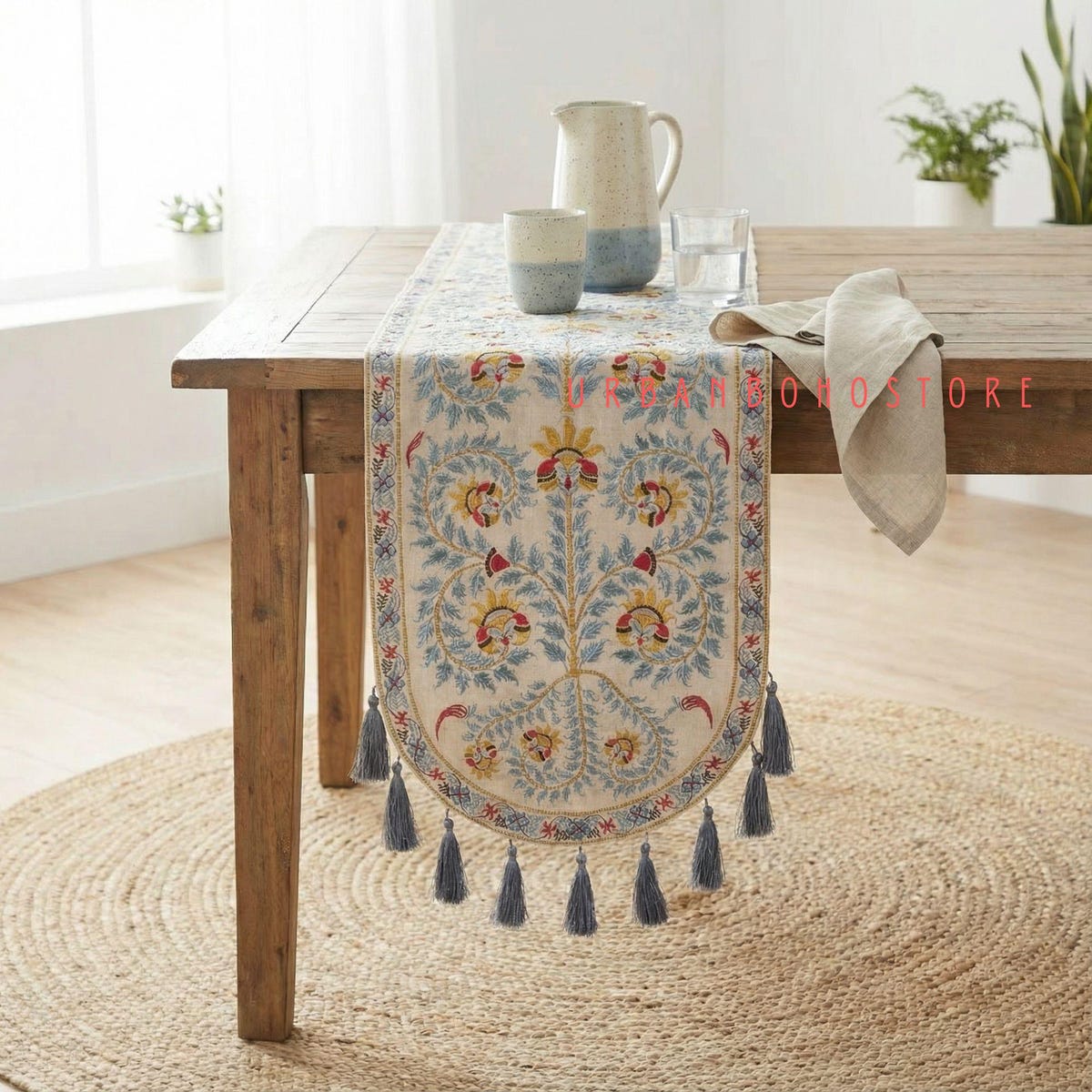 Boho Chic Table Runner, Gray Machine Embroidery With Tassels, Modern Indian Home Decor - Etsy (72")