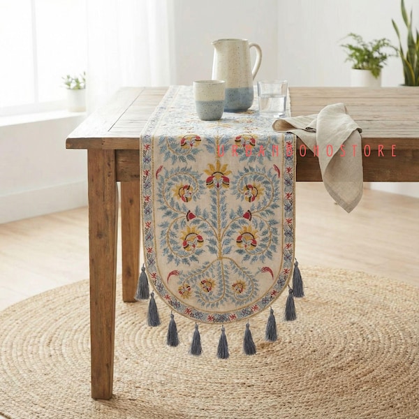 Boho Chic Table Runner, Gray Machine Embroidery with Tassels, Modern Indian Home Decor