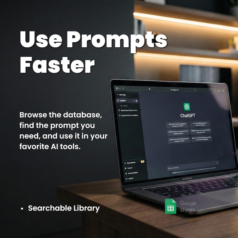 Op de afbeelding: Een laptop met de ChatGPT-interface op een houten bureau. Het scherm toont het ChatGPT-logo en promptopties. Tekst op het scherm luidt "Use Prompts Faster" en "Searchable Library". Een Google Sheets-pictogram is zichtbaar.