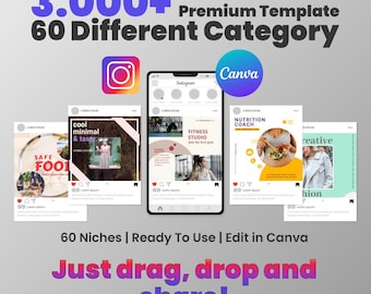 Pacote com mais de 3000 modelos para Instagram, modelos para redes sociais no Canva, pacote de posts editáveis, download instantâneo.