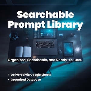 Op de afbeelding: Een bovenaanzicht van een werkruimte met een laptop, tablet en open boek. De tekst "Searchable Prompt Library" wordt prominent weergegeven. Extra tekst luidt "Organized, Searchable, and Ready-to-Use." en "Delivered via Google Sheets" en "Organized Database."