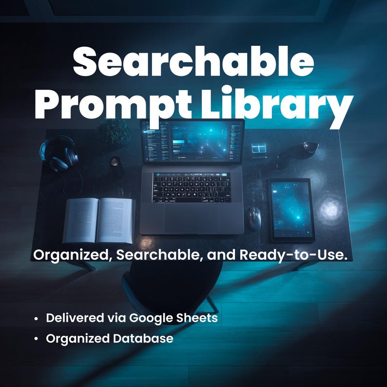 Op de afbeelding: Een bovenaanzicht van een werkruimte met een laptop, tablet en open boek. De tekst "Searchable Prompt Library" wordt prominent weergegeven. Extra tekst luidt "Organized, Searchable, and Ready-to-Use." en "Delivered via Google Sheets" en "Organized Database."