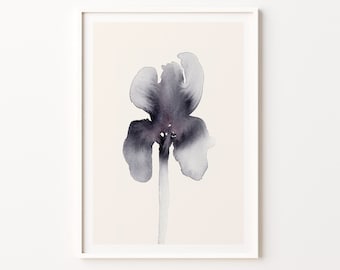 Handgemalte Aquarell Blume | Original Abstrakte Iris Blumen Malerei | Schwarz Weiß Florale Wandkunst | Minimalistische botanische DRUCKBARE Kunst