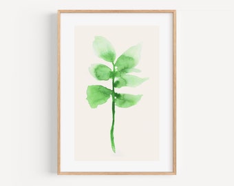 Pintura de acuarela de hojas verdes / IMPRIMIBLE Arte de pared botánico pintado a mano / Hojas minimalistas modernas Impresión de bellas artes