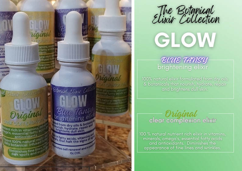 Pu&ograve; includere: La collezione di elisir botanici: Due flaconi di vetro di siero per il viso, uno etichettato "Glow Original Clear Complexion Elixir" e l'altro etichettato "Glow Blue Tansy Brightening Elixir". Entrambe le bottiglie hanno tappi contagocce bianchi e sono su una superficie trasparente.