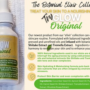 Pu&ograve; includere: Una bottiglia di vetro trasparente con un'etichetta bianca che dice "Glow Original" e "Complexion Elixir". La bottiglia &egrave; piena di un liquido trasparente e ha un contagocce. L'etichetta include anche un elenco di ingredienti, tra cui estratto di Shiitake ed estratto di Tremella.