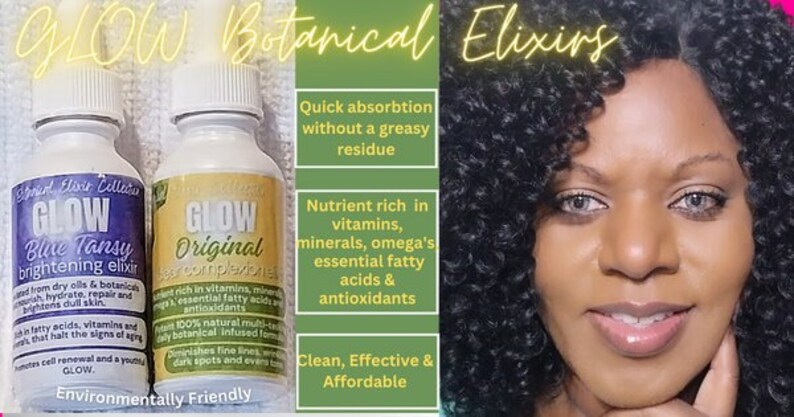 Pu&ograve; includere: Due flaconi di vetro di siero per il viso etichettati "GLOW Blue Tansy Brightening Elixir" e "GLOW Original Botanical Elixirs". I flaconi sono su uno sfondo verde e bianco con testo che dice "Assorbimento rapido senza residui grassi", "Ricco di nutrienti, vitamine, minerali, omega 3, acidi grassi essenziali e antiossidanti", e "Pulito, efficace e conveniente".