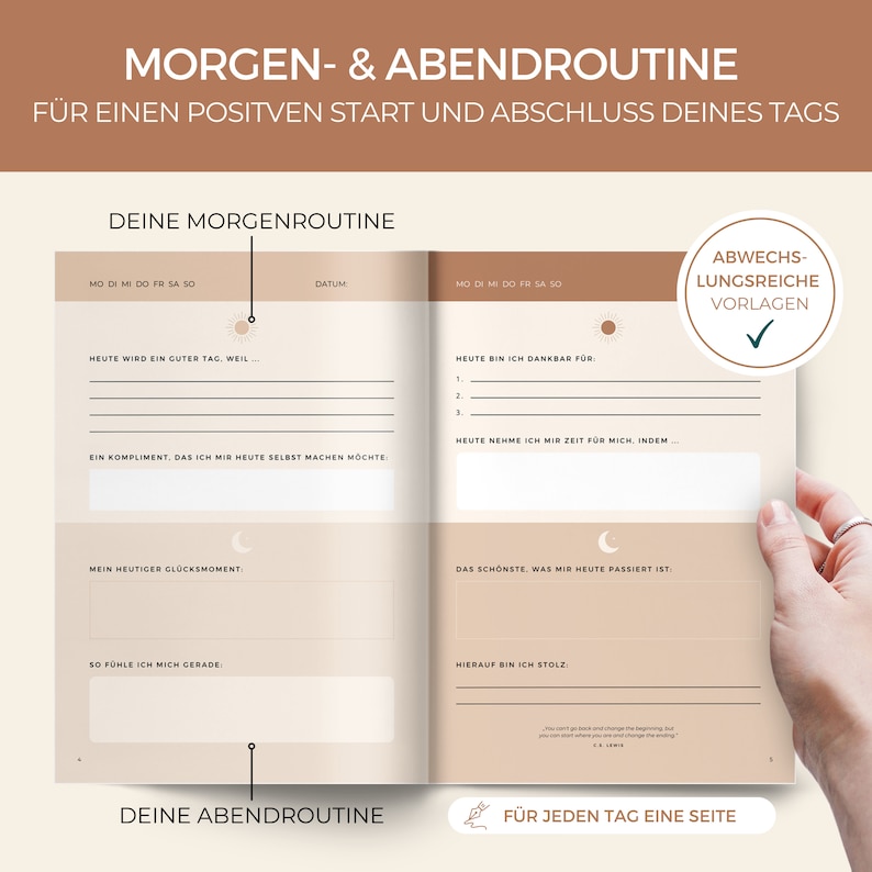 May include: A two-page spread of a journal with a beige background and a light brown border. The top of the page reads "Morgen- & Abendroutine" and "F&uuml;r einen positiven Start und Abschluss deines Tages". The left page is titled "Deine Morgenroutine" and the right page is titled "Deine Abendroutine". The journal is designed to help people create a morning and evening routine.