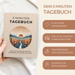 May include: A beige book cover with the title "5 Minutes Journal" and a colorful illustration of a sunset over a winding path. The book is described as a daily routine for more gratitude, mindfulness, and happiness. The cover also features a list of features including 12 weeks of gratitude, daily morning and evening routines, inspiring weekly exercises, and monthly reflections.
