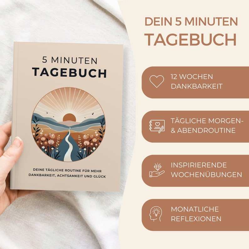 May include: A beige book cover with the title "5 Minutes Journal" and a colorful illustration of a sunset over a winding path. The book is described as a daily routine for more gratitude, mindfulness, and happiness. The cover also features a list of features including 12 weeks of gratitude, daily morning and evening routines, inspiring weekly exercises, and monthly reflections.