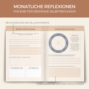May include: A monthly reflection journal with a gray and white color scheme. The journal includes prompts for self-reflection, such as "What was the happiest moment of this month?" and "What are your goals for next month?"