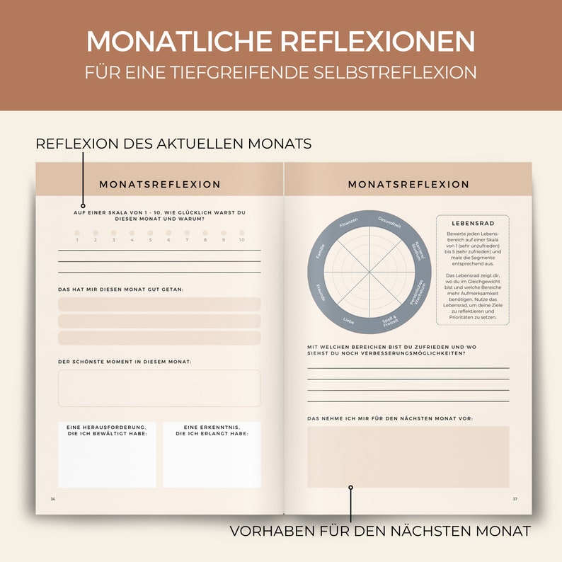 May include: A monthly reflection journal with a gray and white color scheme. The journal includes prompts for self-reflection, such as "What was the happiest moment of this month?" and "What are your goals for next month?"