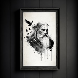 Odin and his Ravens, Viking Art Print, Odin with Ravens, Fantasy Art, Norse Mythology Wall Art, INSTANT DOWNLOAD