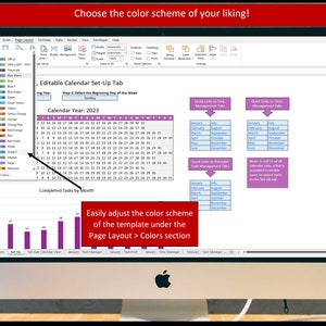 Peut inclure: Un &eacute;cran d'ordinateur affichant un mod&egrave;le de calendrier avec une palette de couleurs et un graphique &agrave; barres. Le texte "Editable Calendar Set-Up Tab" et "Calendar Year: 2023" est visible. Le texte "Easily adjust the color scheme of the template under the Page Layout > Colors section" est mis en &eacute;vidence en rouge.