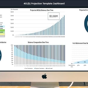 Calculatrice de retraite 401k | 401k Projections de retraite et suivi de la croissance des investissements Excel | Planification financière | Monte-Carlo