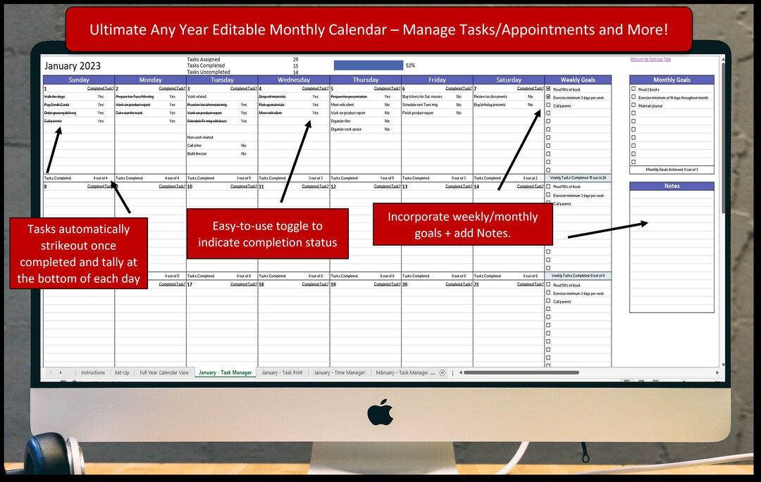 2025 Excel Calendar, Any Year Calendar, Editable Task Manager