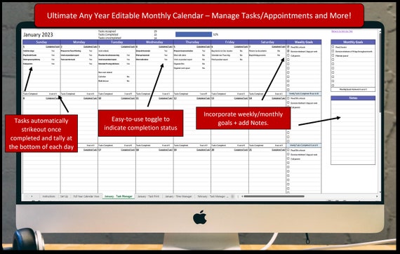 2026 Excel Calendar, Any Year Calendar, Editable Task Manager, Automated Excel Spreadsheet, Google Sheets Compatible, Organizing Spreadsheet