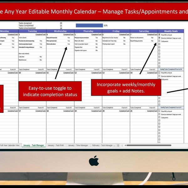 2024 Excel Calendar, Any Year Calendar, Editable Task Manager, Automated Excel Spreadsheet, Google Sheets Compatible, Organizing Spreadsheet