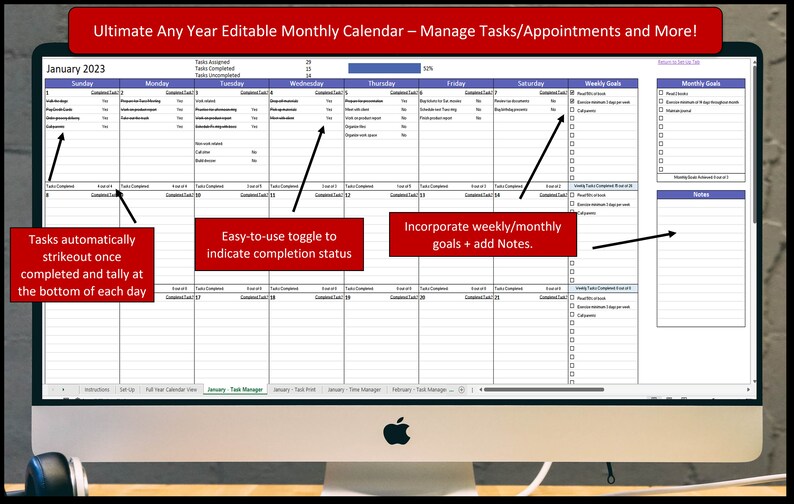 Peut inclure: Un &eacute;cran d'ordinateur affichant un mod&egrave;le de calendrier mensuel avec le titre "Ultimate Any Year Editable Monthly Calendar - Manage Tasks/Appointments and More!" Le calendrier est pour janvier 2023 et comprend des sections pour les t&acirc;ches quotidiennes, les objectifs hebdomadaires et les objectifs mensuels. L'&eacute;cran comprend &eacute;galement du texte qui dit "Tasks automatically strikeout once completed and tally at the bottom of each day", "Easy-to-use toggle to indicate completion status", et "Incorporate weekly/monthly goals + add Notes."