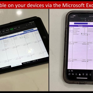 Peut inclure: Une application de calendrier sur une tablette et un smartphone. L'application est accessible sur les deux appareils via l'application Microsoft Excel. Le calendrier est pour janvier 2023 et affiche les jours de la semaine, chaque jour ayant une grille pour les t&acirc;ches et les notes.