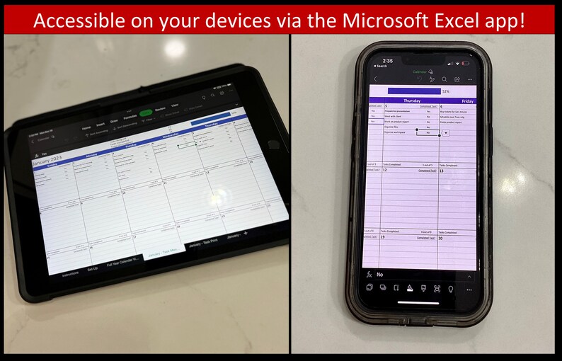 Peut inclure: Une application de calendrier sur une tablette et un smartphone. L'application est accessible sur les deux appareils via l'application Microsoft Excel. Le calendrier est pour janvier 2023 et affiche les jours de la semaine, chaque jour ayant une grille pour les t&acirc;ches et les notes.