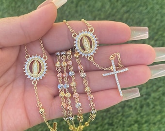 Beautiful Virgin Mary Rosary, tricolor 14k gold plated. Its a short style necklace 18 inches- Hermoso Rosario de la virgencita- oro laminado
